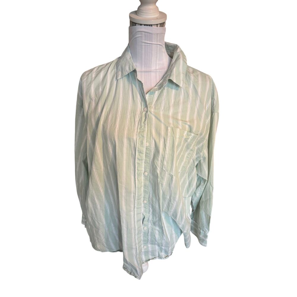Old Navy The Boyfriend Shirt Mint Green & White Striped Size M